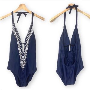 KONA SOL | Crochet Trim Plunge One Piece Swimsuit in Blue | L